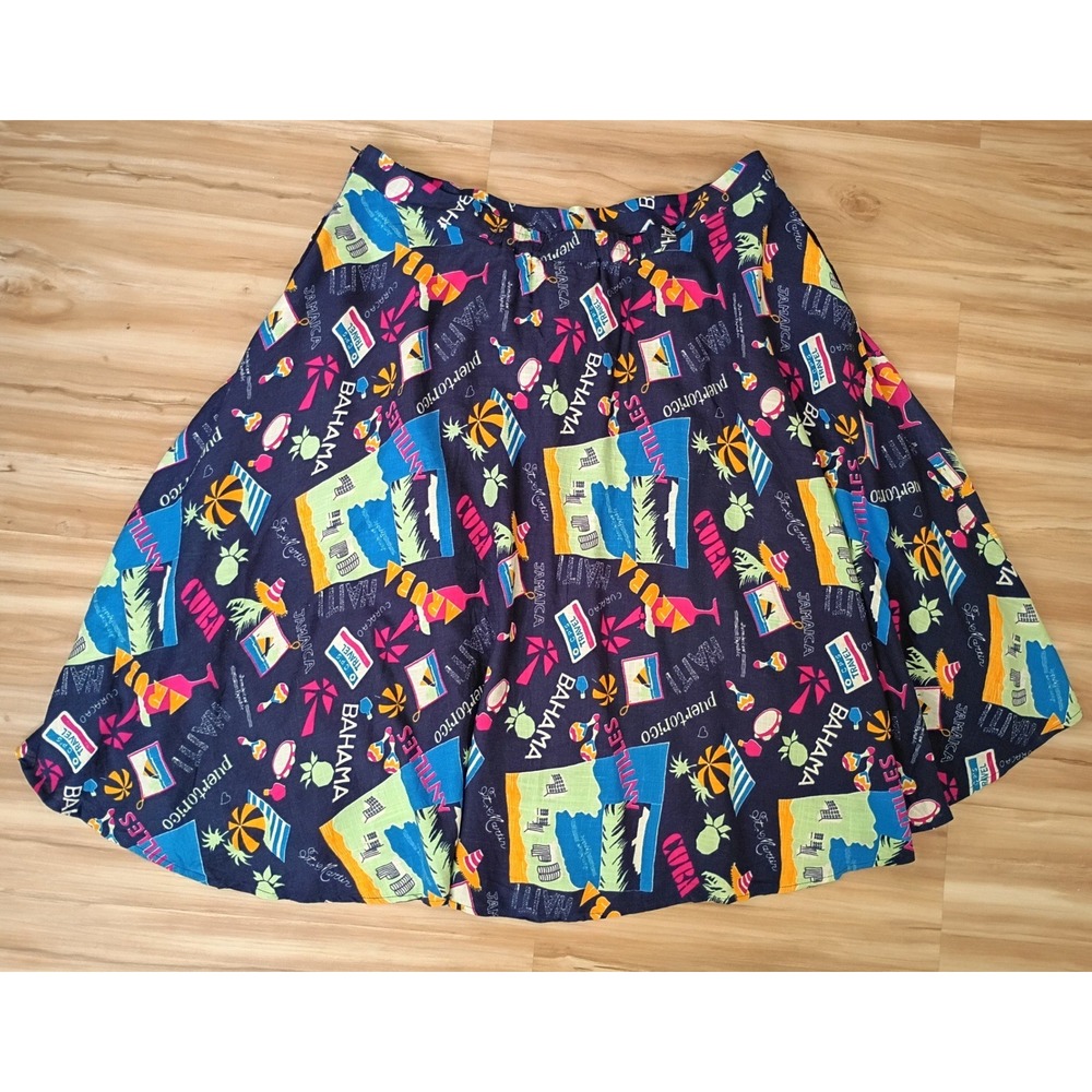 ModCloth Navy Blue Tropical Caribbean Travel Postcard Print A-Line Skirt 2X - Picture 3 of 9
